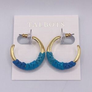 Talbots Raffia Macrame Hoop Earrings Deep Sea Blue Ombre Gold Tone 1” New